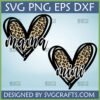 Mama Mini Leopard Heart SVG Bundle for Cricut and Silhouette cutting machines, featuring two matching hearts with leopard print and script text.