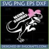 Mama Saurus SVG design featuring a black T-Rex dinosaur silhouette with a pink bow and 'Mama Saurus' text, ideal for Cricut and sublimation.
