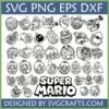 Super Mario SVG Bundle for Cricut featuring Mario, Luigi, Princess Peach, Yoshi, Bowser, and other iconic Nintendo characters outline designs.