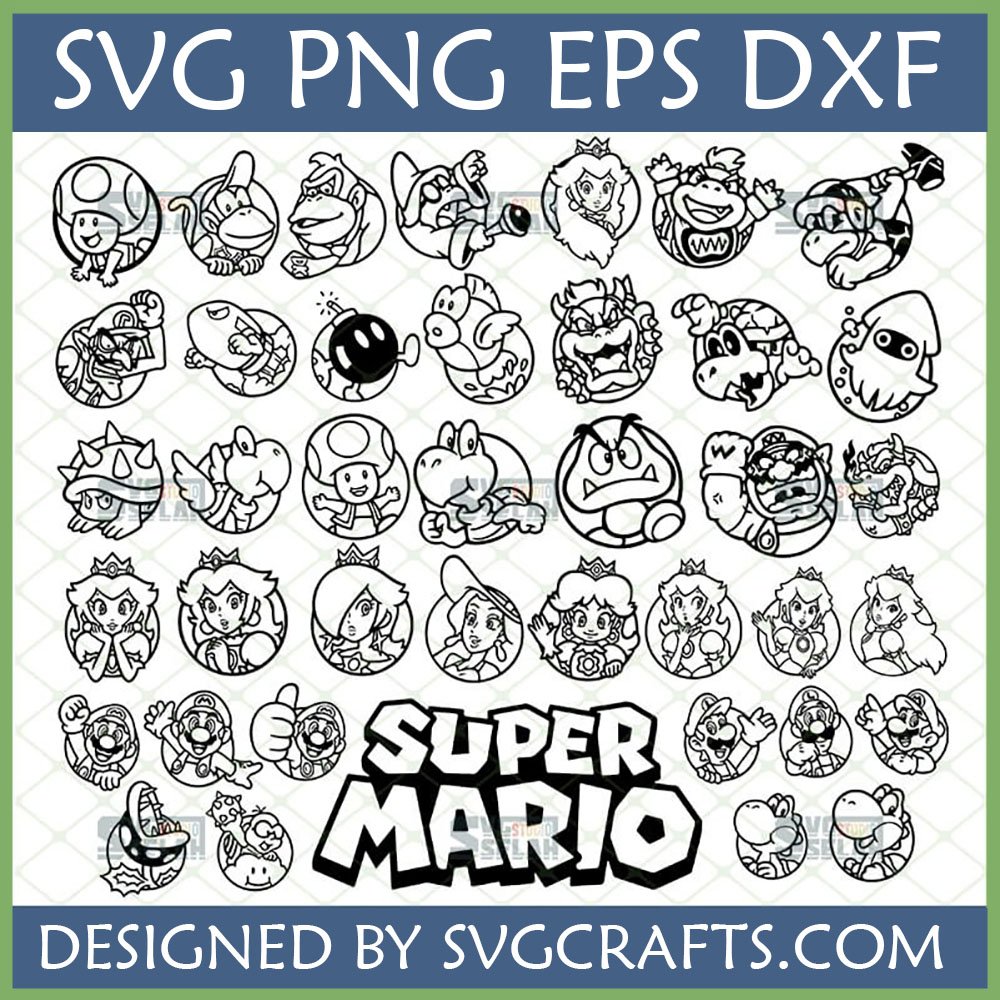 Super Mario SVG Bundle for Cricut featuring Mario, Luigi, Princess Peach, Yoshi, Bowser, and other iconic Nintendo characters outline designs.