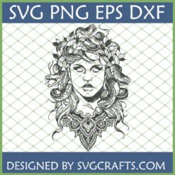 Detailed Medusa SVG file for Cricut and Silhouette, featuring an elegant Greek Mythology goddess with serpent hair and ornamental patterns.