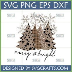 Merry Bright Christmas Tree SVG with cow print, plaid, and glitter trees and snowflakes