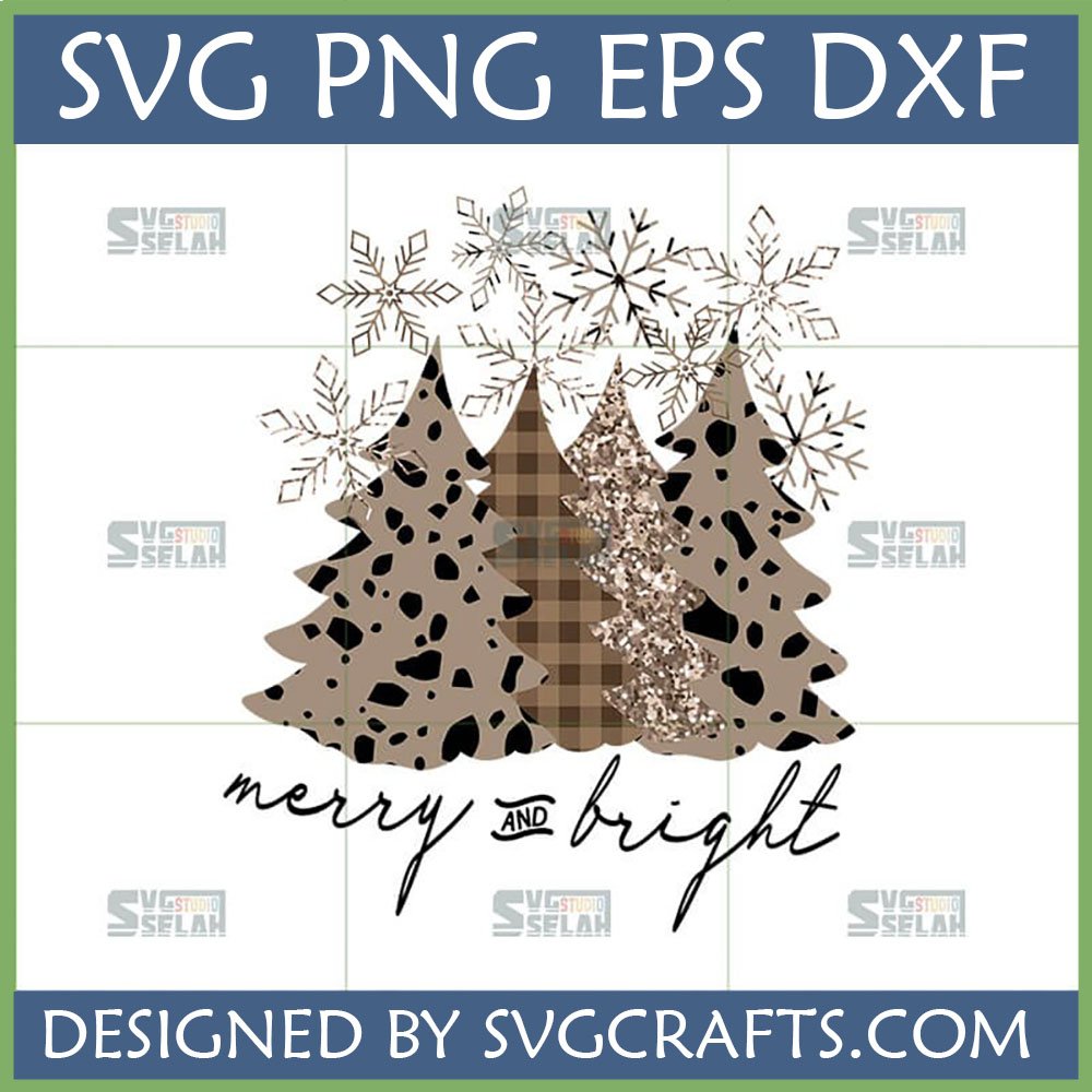 Merry Bright Christmas Tree SVG with cow print, plaid, and glitter trees and snowflakes