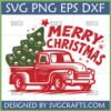 Vintage red pickup truck carrying a green Christmas tree with 'Merry Christmas' text and snowflakes, designed as an SVG for crafts.