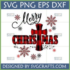 Merry Christmas Buffalo Plaid Cross SVG with snowflakes for holiday crafting.