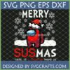 Merry Susmas Among Us Christmas SVG featuring a red Impostor in a Santa hat with snowflakes and 'THERE IS 1 IMPOSTOR AMONG US' text, perfect for Cricut and sublimation.
