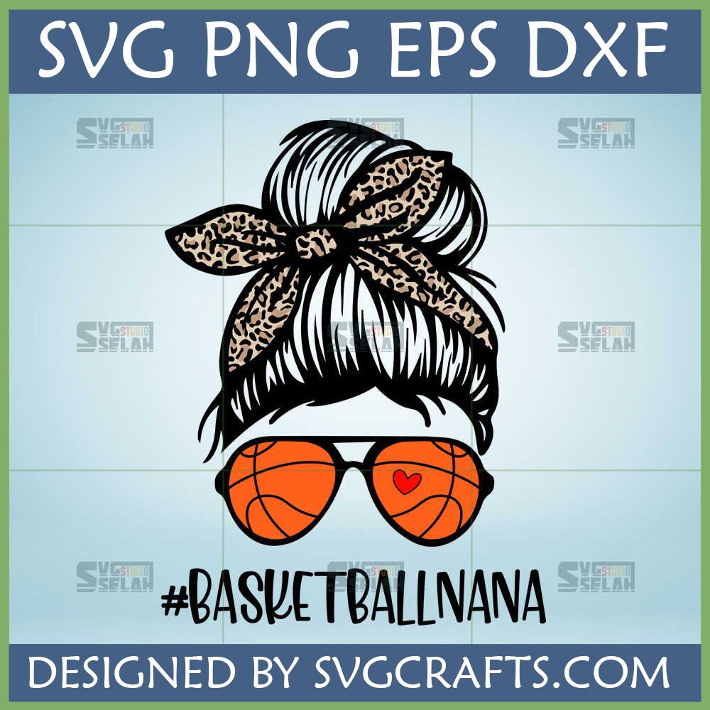 Messy Bun Basketball Nana SVG, Leopard Print Bandana with Basketball Sunglasses and Heart for Game Day