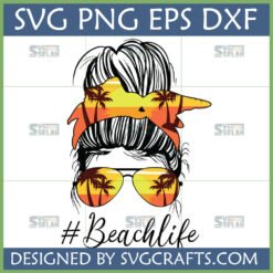 Messy Bun Beach Life SVG with palm tree sunset reflection in sunglasses and bandana