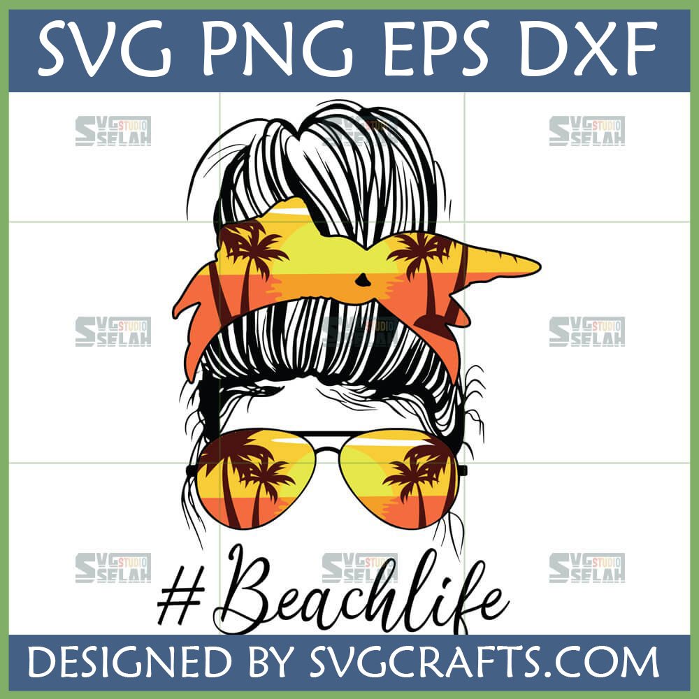 Messy Bun Beach Life SVG with palm tree sunset reflection in sunglasses and bandana