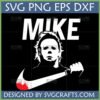 Michael Myers Just Do It Parody SVG design with a bloody knife forming a swoosh, and 'MIKE' text for Halloween crafts.