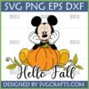 Cheerful Mickey Mouse sitting on a pumpkin with 'Hello Fall' text, provided as SVG, PNG, EPS, DXF files from SVGCrafts.