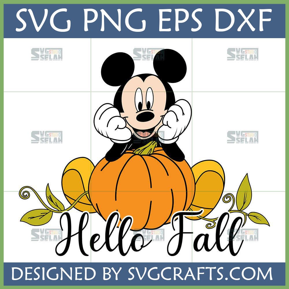 Cheerful Mickey Mouse sitting on a pumpkin with 'Hello Fall' text, provided as SVG, PNG, EPS, DXF files from SVGCrafts.
