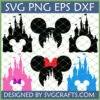 Collection of Disney-inspired castle and Mickey Minnie Mouse head SVG designs for Cricut