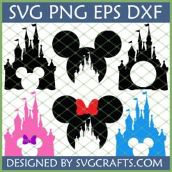 Collection of Disney-inspired castle and Mickey Minnie Mouse head SVG designs for Cricut