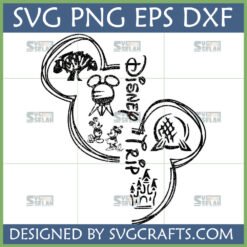 Distressed Disney Trip SVG design featuring Mickey Mouse head, Cinderella Castle, Spaceship Earth, Tree of Life, and Mickey & Minnie Mouse for Cricut crafts.