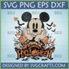 Vintage Mickey Mouse Halloween SVG design featuring Mickey, pumpkins, bats, and a ghost in a distressed style.