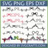 A collection of Disney Heartbeat SVG designs featuring Mickey Mouse ears, Minnie Mouse ears with a bow, Cinderella Castle, and 'Love' text, all integrated with an ECG heartbeat line, in black, red, and rainbow colors.