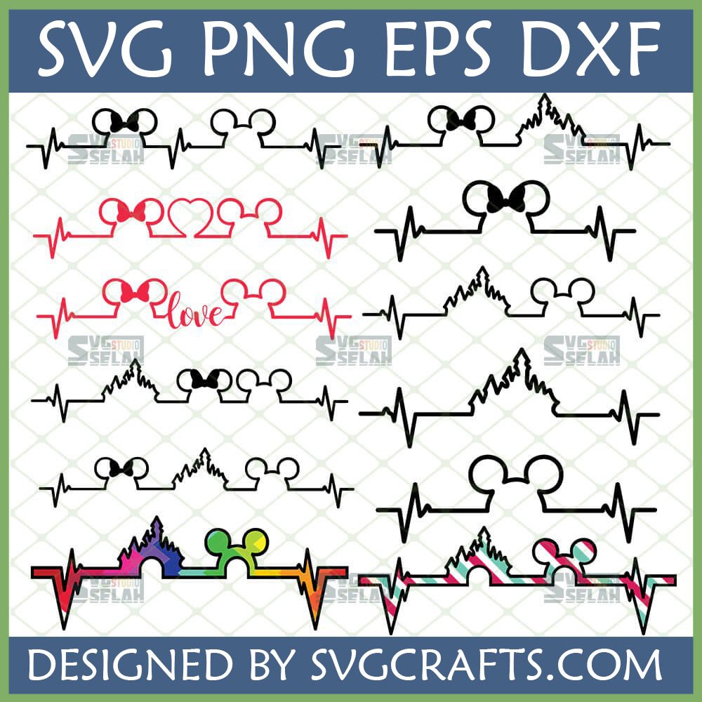 A collection of Disney Heartbeat SVG designs featuring Mickey Mouse ears, Minnie Mouse ears with a bow, Cinderella Castle, and 'Love' text, all integrated with an ECG heartbeat line, in black, red, and rainbow colors.