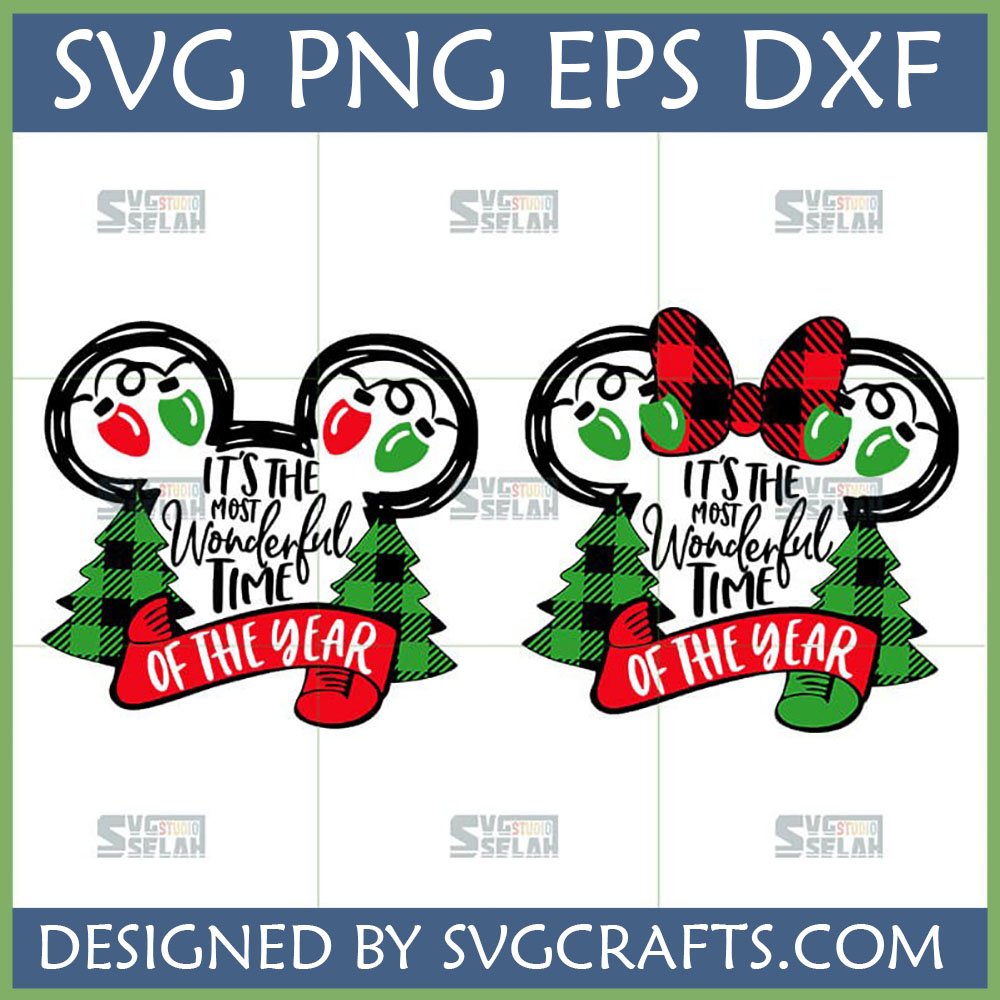 Mickey Minnie Christmas SVG Bundle with buffalo plaid trees and "Most Wonderful Time of Year" text for Cricut