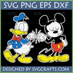 Mickey Mouse and Donald Duck doing a fist bump in a classic cartoon style, with text 'SVG PNG EPS DXF' above and 'DESIGNED BY SVGCRAFTS.COM' below.