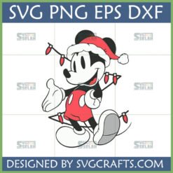 Cheerful Mickey Mouse wearing a Santa hat and wrapped in Christmas lights, designed as a Mickey Mouse Christmas SVG file.