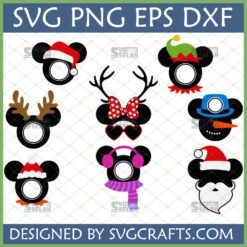 A collection of 8 Christmas and Winter themed Mickey and Minnie Mouse head SVG designs with monogram frames for Cricut and Silhouette projects.