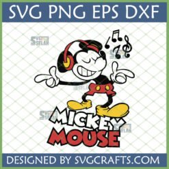 Retro Mickey Mouse DJ SVG with headphones dancing cheerfully, musical notes floating, for Cricut and sublimation crafts.