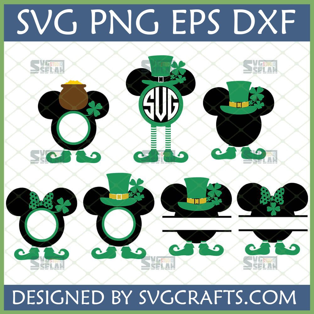St. Patrick's Day Mickey Minnie SVG Bundle for Cricut featuring Leprechaun Mouse Ears, shamrocks, pot of gold, and customizable designs in SVG, PNG, EPS, DXF formats.