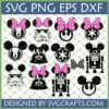 A grid of 12 Disney Star Wars SVG Bundle designs featuring Mickey and Minnie Mouse heads merged with Star Wars characters like Darth Vader, Stormtrooper, R2-D2, and symbols like Rebel Alliance and Imperial Cog, some with pink polka dot bows.