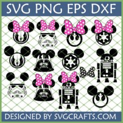A grid of 12 Disney Star Wars SVG Bundle designs featuring Mickey and Minnie Mouse heads merged with Star Wars characters like Darth Vader, Stormtrooper, R2-D2, and symbols like Rebel Alliance and Imperial Cog, some with pink polka dot bows.