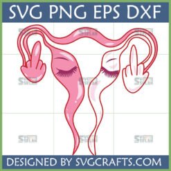 Stylized pink uterus with fallopian tubes forming two middle fingers, text "SVG PNG EPS DXF" and "DESIGNED BY SVGCRAFTS.COM".