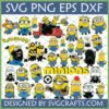 Minions SVG Bundle featuring various cartoon Minion characters in different poses, including some with 'BANANA!' text and a Minions logo, suitable for Cricut and Silhouette projects.