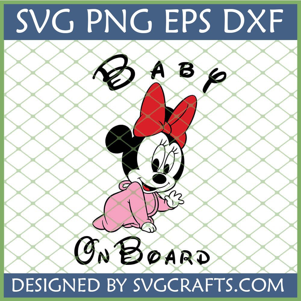 Cute Baby Minnie Mouse On Board SVG for Cricut, featuring baby Minnie in a pink onesie with a red bow, perfect for car decals and baby gifts.