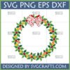 Christmas Wreath SVG with festive holly, red berries, golden stars, and a charming polka dot bow, ideal for Cricut projects.