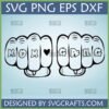 Mom Gang SVG digital cut file featuring two bold, tattoo-style fists with 'MOM <3 GANG' across the knuckles, perfect for Cricut and Silhouette projects.