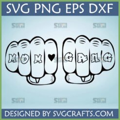 Mom Gang SVG digital cut file featuring two bold, tattoo-style fists with 'MOM <3 GANG' across the knuckles, perfect for Cricut and Silhouette projects.