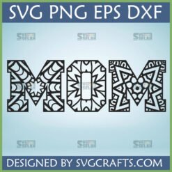 MOM Mandala SVG digital design file for Cricut, featuring intricate geometric patterns in black on a light blue background, with file format badges (SVG, PNG, EPS, DXF) at the top.