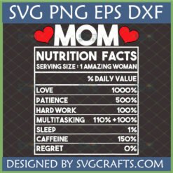 Mom Nutrition Facts SVG design with hearts, listing love, patience, hard work, multitasking, sleep, caffeine, and zero regret, perfect for Mother's Day gifts.