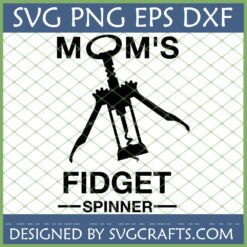 Mom's Fidget Spinner SVG with black corkscrew silhouette and text on a white grid background