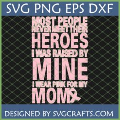 Breast Cancer Awareness Mom Hero SVG PNG DXF design with pink text 'MOST PEOPLE NEVER MEET THEIR HEROES I WAS RAISED BY MINE I WEAR PINK FOR MY MOM' and a pink ribbon integrated into the word MOM, against a dark background with a grid pattern.