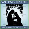 Heartwarming Parent Child Flower Silhouette SVG for Cricut and Sublimation, showing a child offering a flower to an adult, framed by leaves.