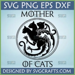 Mother of Cats SVG Design with three winged black cats in a heraldic emblem, available in SVG, PNG, EPS, DXF formats from SVGCrafts.