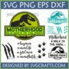 Motherhood is a Walk in the Park SVG bundle with T-Rex dinosaur logo, claw marks, and footprints for Cricut and sublimation.