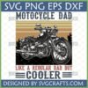 Motorcycle Dad SVG design with a classic black motorcycle and "Like a Regular Dad But Cooler" text.
