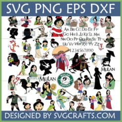 Mulan SVG Bundle, Disney Mulan Digital Cut Files for Cricut and Sublimation, featuring Mulan warrior, Mushu, Li Shang, and alphabet.