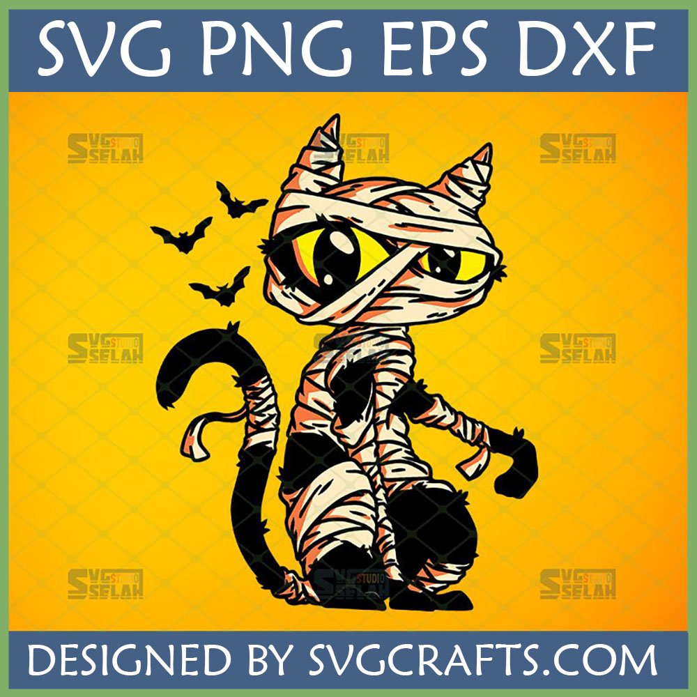 Cute Mummy Cat SVG with bats, Halloween digital design for Cricut