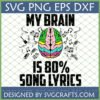 Colorful 'My Brain Is 80% Song Lyrics' SVG design with musical instruments
