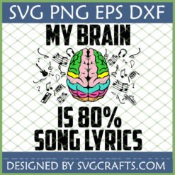 Colorful 'My Brain Is 80% Song Lyrics' SVG design with musical instruments