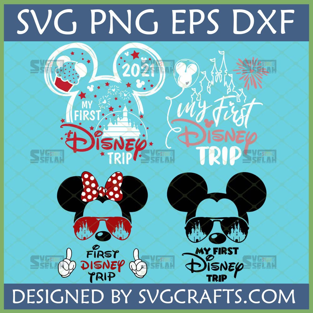 My First Disney Trip SVG bundle with Mickey and Minnie designs, sunglasses, castle, and fireworks for Cricut