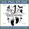 My First Halloween SVG design with witch hat, ghost, bat, broom, pumpkins, and baby footprints for Cricut and Silhouette.